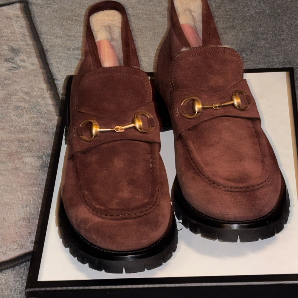 Gucci Chocolate Suede Loafers with Gold Hardware